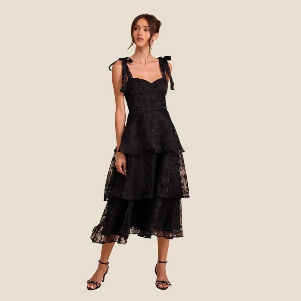 Glamorous Sweetie Black Burnout Tie-Strap Bustier Midi Dress L Dark Romance Goth